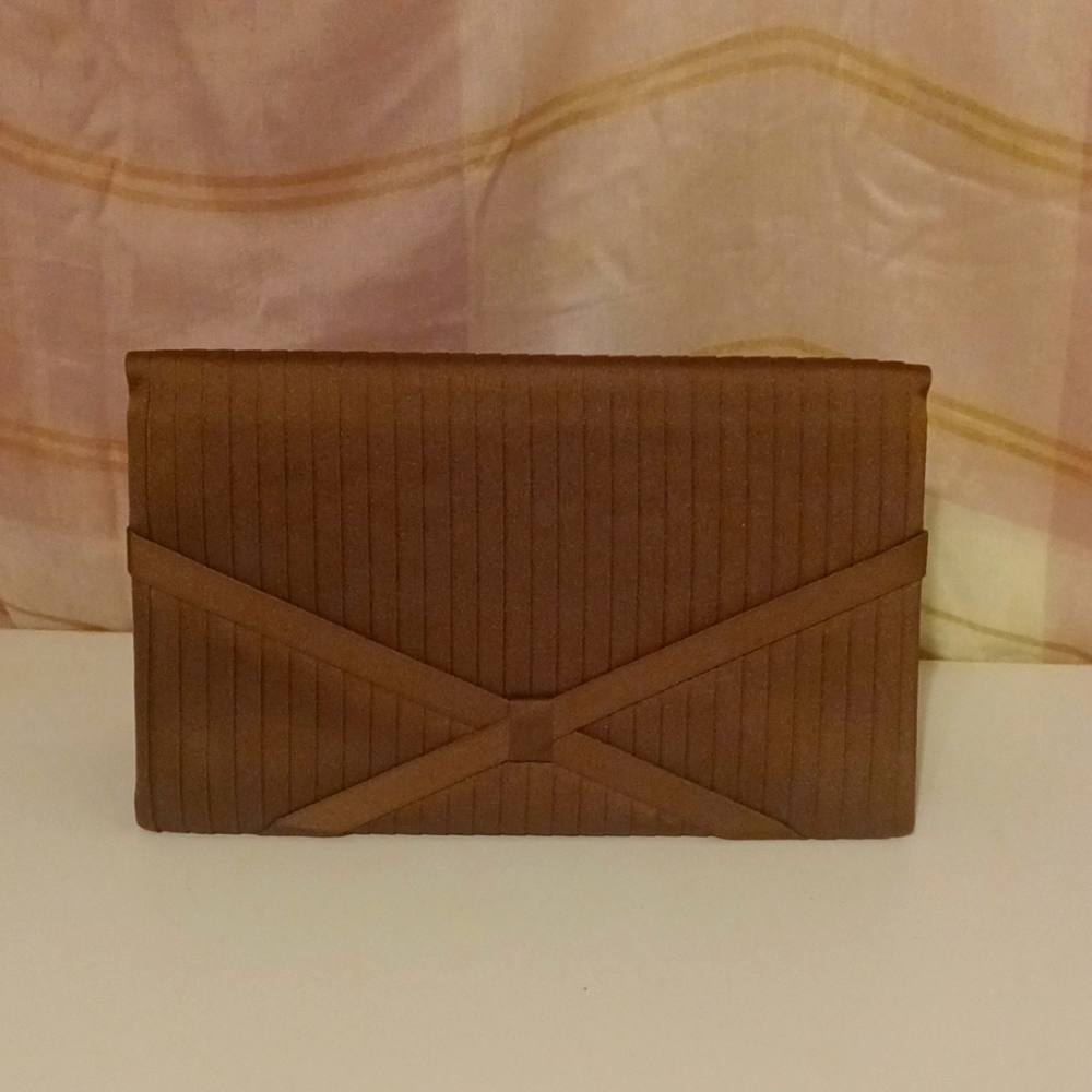 Brown satin pleated envelope clutch